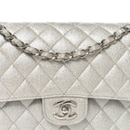 Glittered Metallic Caviar Quilted Medium Double Flap Silver