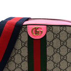 GG Supreme Monogram Textured Dollar Calfskin Web Ophidia Small Crossbody Bag Beige Ebony Fuchsia