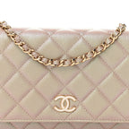 Iridescent Caviar Quilted Wallet on Chain WOC Beige