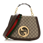 GG Supreme Monogram Textured Dollar Calfskin Web Medium Blondie Top Handle Shoulder Flap Bag Beige Ebony New Acero