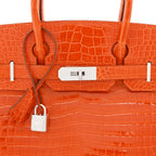 Shiny Porosus Crocodile 18K White Gold Diamond Birkin 30 Orange