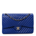 Lambskin Chevron Quilted Jumbo Double Flap Navy Blue
