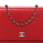 Lambskin Camellia Embossed Wallet on Chain WOC Red