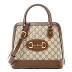 GG Supreme Monogram Azalea Calfskin Small Horsebit 1955 Top Handle Bag Beige Ebony Brown Sugar