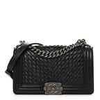 Lambskin Braided Woven Medium Boy Flap Black
