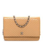 Patent Calfskin Chevron Quilted Wallet On Chain WOC Beige