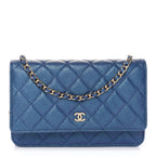 Iridescent Caviar Quilted Wallet on Chain WOC Dark Blue