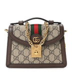 GG Supreme Monogram Textured Dollar Calfskin Web Mini Ophidia Padlock Top Handle Chain Shoulder Bag Beige Ebony New Acero