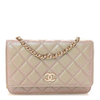 Iridescent Caviar Quilted Wallet on Chain WOC Beige