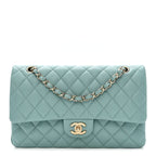 Caviar Quilted Medium Double Flap Light Blue