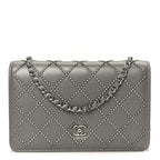 Lambskin Crystal Quilted Wallet On Chain WOC Grey