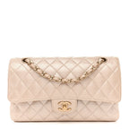 Pearly Caviar Quilted Medium Double Flap Light Beige