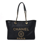 Straw Raffia Calfskin Chain Small Deauville Tote Black