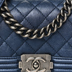Metallic Calfskin Quilted Mini Boy Flap Blue