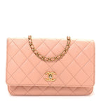Lambskin Quilted CC Pearl Crush Wallet on Chain WOC Light Orange