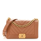 Caviar Chevron Quilted Medium Boy Flap Brown