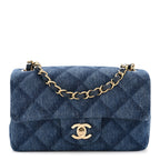 Printed Denim Quilted Mini Rectangular Flap Dark Blue