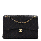 Denim Quilted XXL Travel Flap Bag Dark Blue Orange