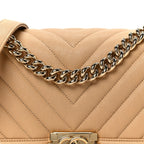 Caviar Chevron Quilted Medium Boy Flap Beige