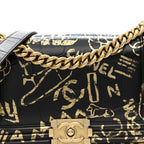 Calfskin Crocodile Embossed Graffiti Cocodile Medium Boy Flap Black