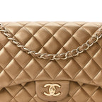 Metallic Lambskin Quilted Jumbo Double Flap Khaki