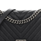 Caviar Chevron Quilted New Medium Boy Flap Dark Navy Blue