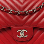 Caviar Chevron Quilted Jumbo Double Flap Dark Red