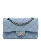 Printed Denim Quilted Small Double Flap Light Blue