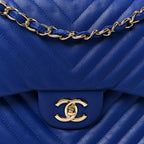 Lambskin Chevron Quilted Jumbo Double Flap Navy Blue